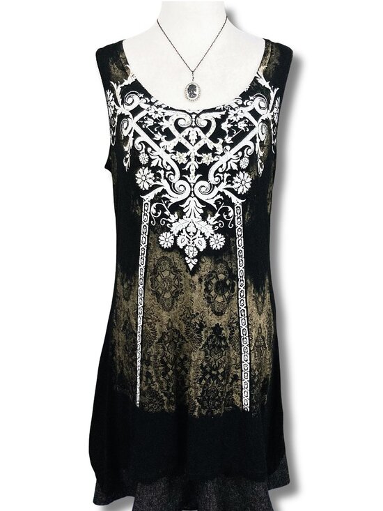 Initiatives Tops - INITIATIVES Long black gold brown handkerchief hem ornate floral tank top MEDIUM